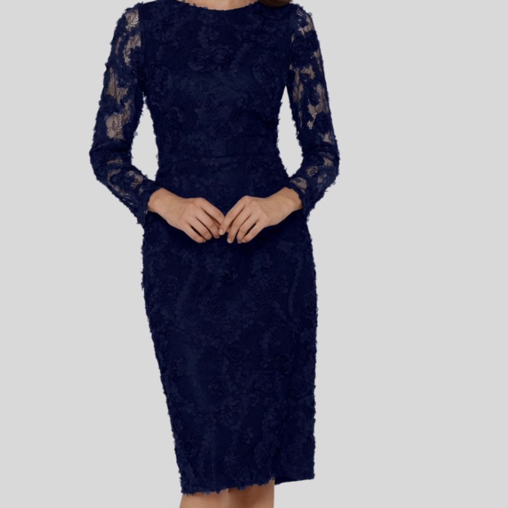 Xscape Women's Long Sleeve Raised Floral Lace Midi Length Dress - Navy - 4